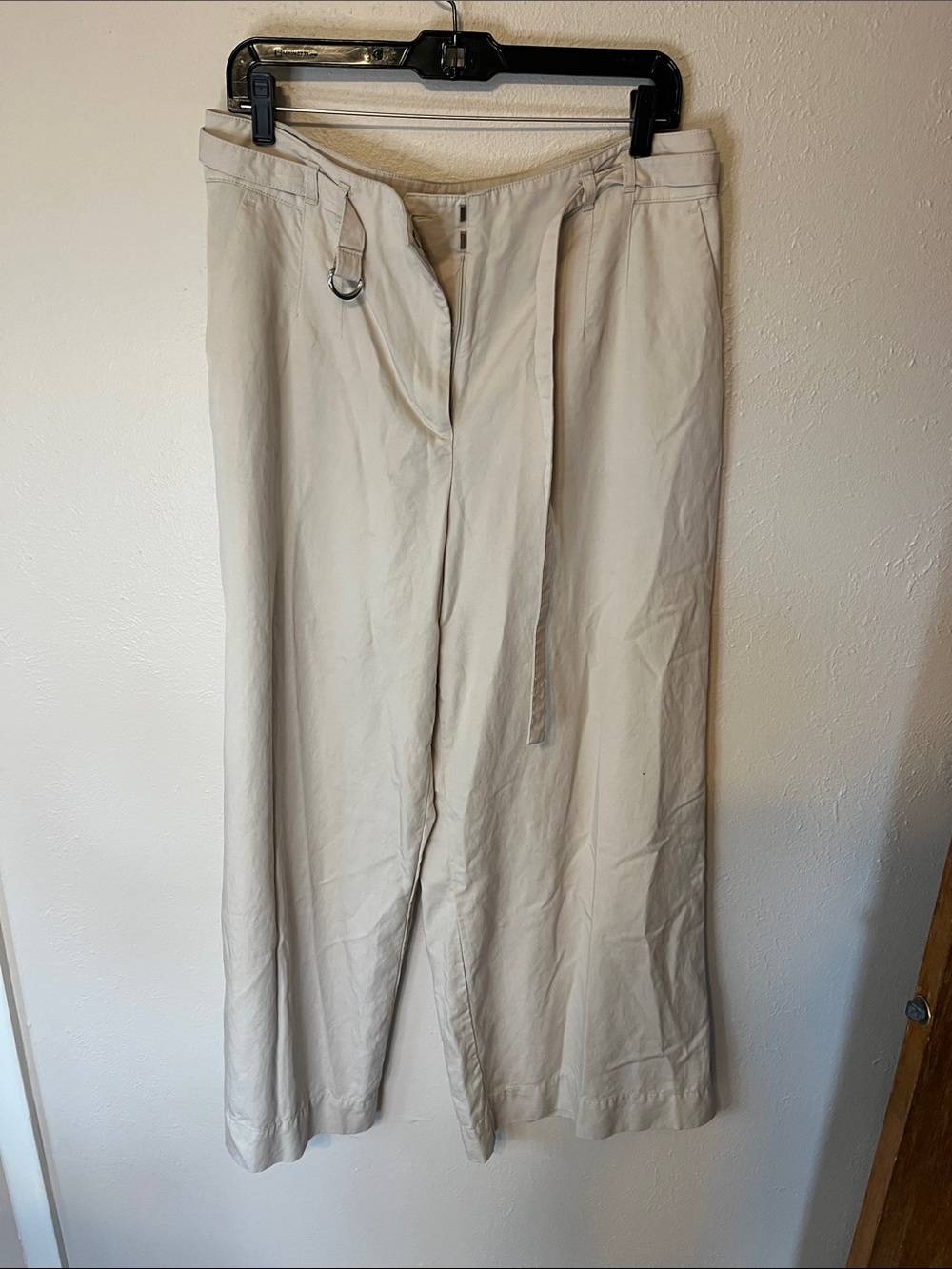 Light Beige Wide-Leg Cotton Pants with D-Ring Belt